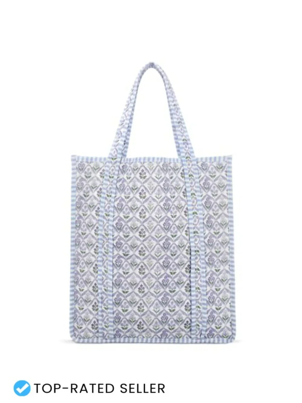Quilted Tote Bag Block Print Floral Lightweight Handmade Shoulder Bag Market